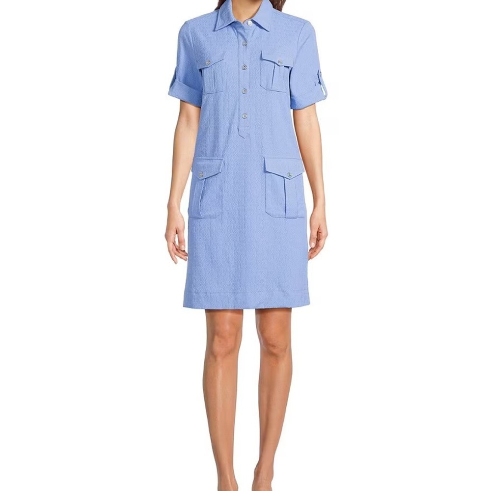 J. Mclaughlin Amber Chambray Riptide Jacquard Point Collar Short Sleeve Dress